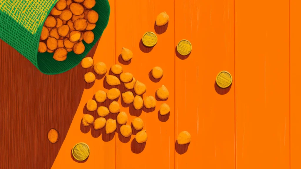 Illustration of chickpea prices with product spilling out of bag alongside coins
